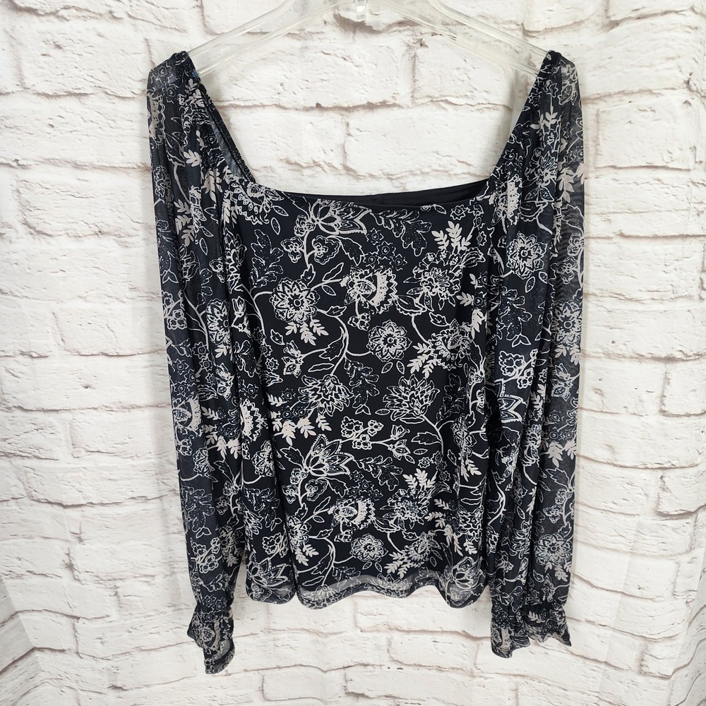 Whimsigoth Mesh Floral Top XL Gothic Dark Romance Peasant Square Neck Cottage